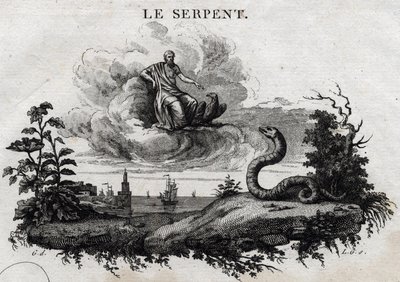 Slangen. Fabel om Esope. (Gresk forfatter Esopo eller Ecopus, 6. århundre f.Kr.) Skrevet av Guillaume Montfort og Gravees av Beauble i 1801. av French School