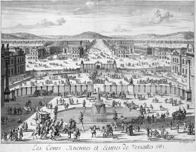 Stallene og portene til Versailles sett fra palasset, 1683 av French School