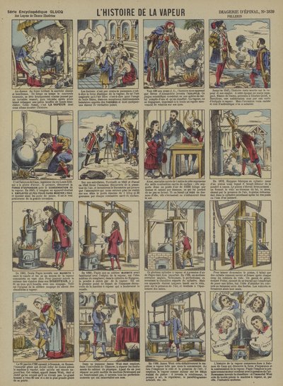 Historien om damp (farge litho) av French School