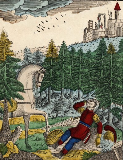 Historien om de fire sønnene Aymon; Bayard, som hører støyen fra soldatene som Ripas hadde med seg for å henge Richard, vekker Regnault ved å slå på skjoldet hans, et bilde av en spinal fra 1800-tallet. av French School