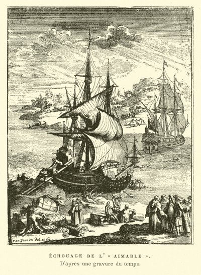 Strandingen av lAimable, Matagorda Bay, Texas, 1685 av French School