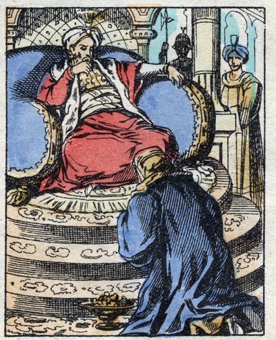 The sultan is amazed by the diamonds Aladin offers him to ask for his daughter
