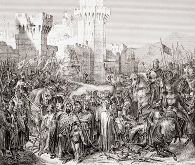 Overgivelsen av Acre til Filip II av Frankrike, kalt Philip Augustus, under det tredje korstoget, fra L'Histoire Universelle Ancienne et Moderne, utgitt i Strasbourg ca. 1860 (gravering) av French School