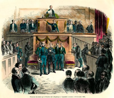 Innesvergen av Louis Napoleon III (Louis-Napoleon), som offisielt ble utropt til president i republikken, ved nasjonalforsamlingen 20. desember 1848. Han lover «å forbli trofast mot den ene og udelelige demokratiske republikken og oppfylle alle av French School