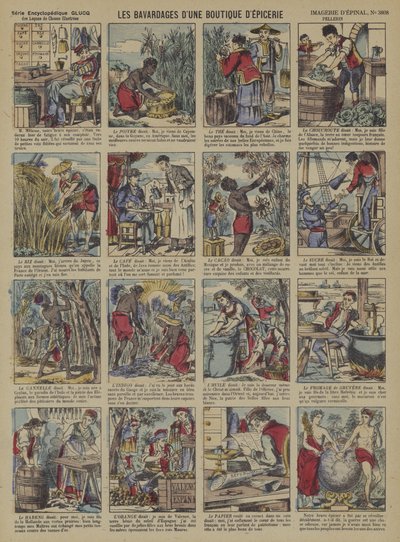 Historiene om produktene i en dagligvarebutikk (farge litho) av French School