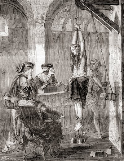 Torturen av en kvinne anklaget for hekseri i middelalderen, fra Les Merveilles de la Science, publisert ca. 1870 (litho) av French School