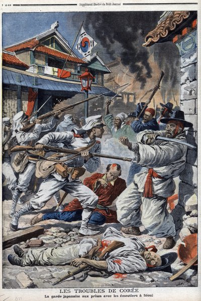 The troubles of Korea, the Japanese guard struggling with the emeutiers in Seoul, mecontent of the abdication of Yi-Yeung - “Le Petit Journal” of August 4 av French School