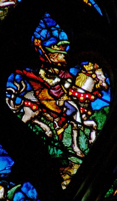 Das westliche Rosenfenster zeigt eine Szene aus dem Buch der Offenbarung: Abaddon oder Apollyon, der Engel des bodenlosen Abgrunds (9:11). von French School