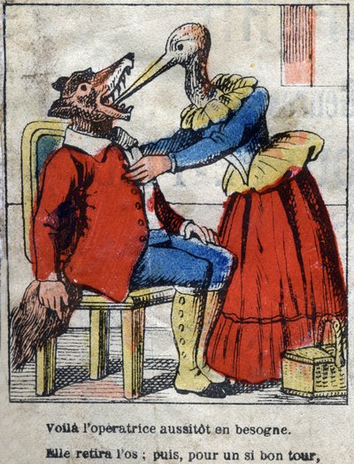 Ulven og storken. Fabler av Jean de La Fontaine (1621-95). Epinal avbildning fra slutten av 1800-tallet. av French School