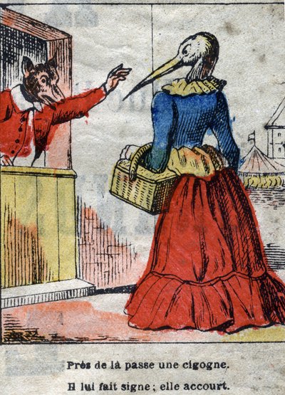 The wolf and the stork. Fables by Jean de La Fontaine (1621-95). Epinal imaging from the end of the 19th century. av French School
