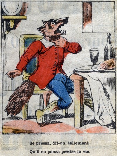 The wolf and the stork. Fables by Jean de La Fontaine (1621-95). Epinal imaging from the end of the 19th century. av French School
