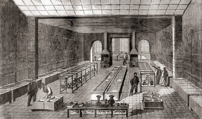 Verkstedet som inneholder de kjemiske badene i Charles Christofles galvaniseringsanlegg, Paris, Frankrike i 1867, fra Les Merveilles de la Science, publisert ca. 1870 (gravering) av French School