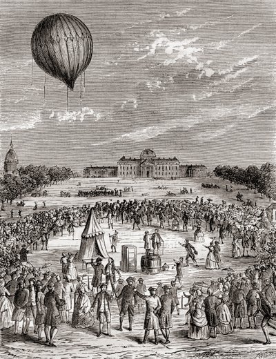 Verdens første hydrogenballong, skutt opp over Champs de Mars, Paris, Frankrike i 1783, fra Les Merveilles de la Science, publisert ca. 1870 (gravering) av French School