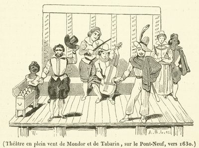 Teater i friluft i Mondor og Tabarin, på Pont-Neuf, rundt 1630 (gravering) av French School
