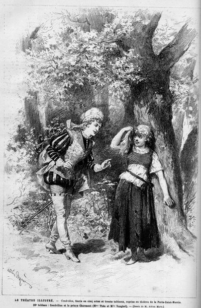 Teaterrepresentasjon: Askepott og sjarmerende prins fremført av Mme Theo og Melle Vanghel for stykket "" Cendrillon"" av Clairville (Louis Francois Nicolaie av French School