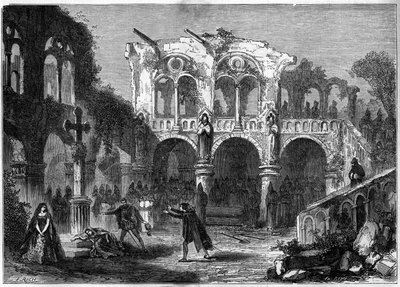Teaterrepresentasjon: "The Funerailles of Honour" (akt VII, siste scene) av Auguste Vacquerie (1819-1895). Paris, Theatre de la Porte Saint Martin av French School