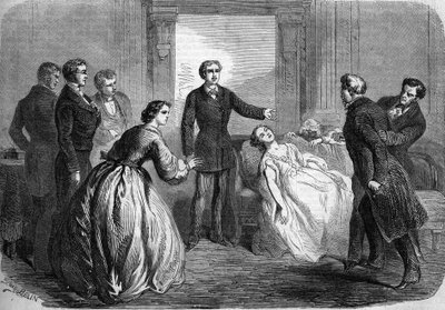 Teaterrepresentasjon av "" La Maratre"" (5. akt, siste scene) av Honore de Balzac (1799-1850). Paris, Theatre du Vaudeville av French School