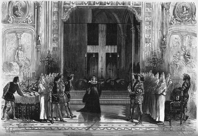 Teaterrepresentasjon: scene for kistene i "Lucrece Borgia" av Victor Hugo (1802-1885). Paris, Theatre de la Porte Saint Martin av French School