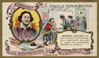 Theophraste Renaudot , fransk lege og filantrop (chromolitho) av French School