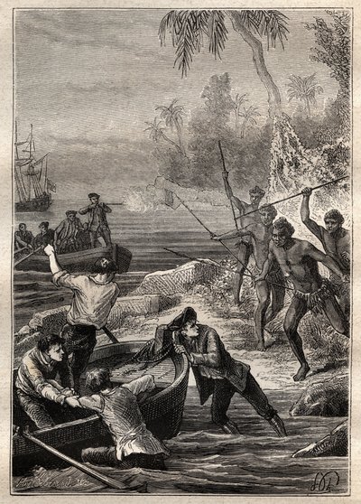 Disse ble levert så nært...: Kaptein James Cooks reise (1728-1779) til New Zealand i 1769 - New Zealands naturfolk angriper Cooks mannskap når de nærmer seg kysten - illustrasjon hentet fra "The Great Mariners of the 18th century ” av French School