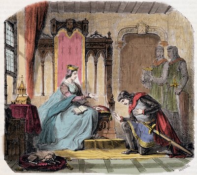 Thibault IV av Champagne (1201-1253) (også kjent som Thibault I av Navarre), kom ved føttene til dronning Blanche av Castilla for å advare henne om faren hun ville løpe - i "Paris a travers les cuecles" av de Genouillac av French School