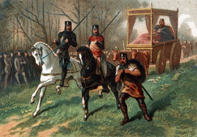 Thierry I (? - 533), konge av Austrasia på en kjerre trukket av okser. Kromolitografi på slutten av 1800-tallet. av French School