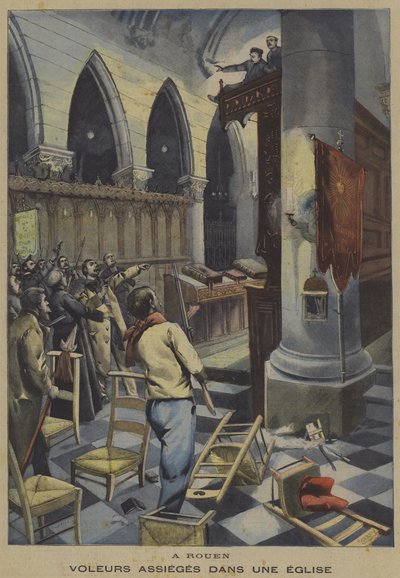 Tyver beleiret i en kirke i Rouen (farge litho) av French School