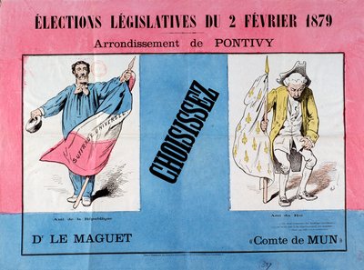 Tredje republikk: plakat for det lovgivende valget 2/02/1879 i Pontivy kommune (Morbihan). Paris. Museum for plakat og reklame av French School