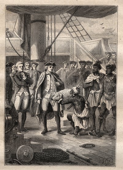 Tredje reise til James Cook - De ga ham en liten gris - jeg presenterte ham en liten gris - Tredje reise til James Cook i Stillehavet - illustrasjon hentet fra "The Great Mariners of the 18th century" av Jules Verne av French School