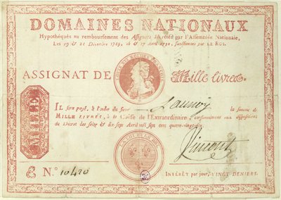 Tusen livre-seddel med et bilde av Ludvig XVI (1754-93) 1790 av French School