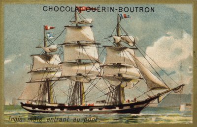 Tre-mastet seilskip anløper havn (chromolitho) av French School