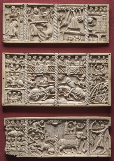Tre paneler fra en kiste med scener fra høviske romanser, ca. 1330-1350 av French School