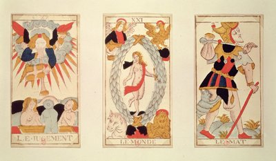 Tre tarotkort som viser Judgement, The World and The Fool (farget tregravering) av French School