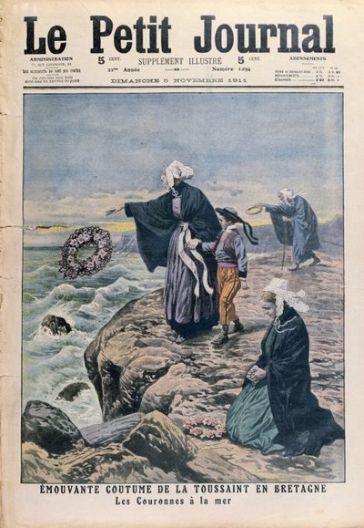 Å kaste kranser i havet på allehelgensdag i Bretagne, omslagsillustrasjon fra Le Petit Journal, 5. november 1911 av French School