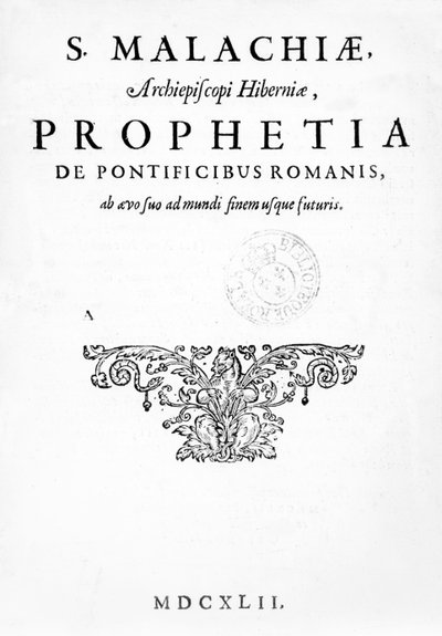 Tittelside for Prophecy of the Popes, utgitt 1662 (boktrykk og gravering) av French School