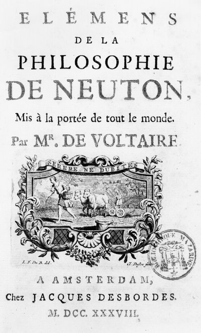 Tittelside av Elements of Newtons Philosophy av Francois Marie Arouet Voltaire (1694-1778) Amsterdam, utgitt 1738 av French School