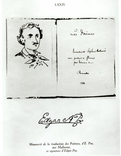 Tittelside av Les Poemes av Edgar Allan Poe (1809-49) oversatt av Stephane Mallarme (1842-98) med et portrett av forfatteren, 1888 av French School