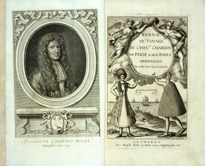 Tittelside og frontispice-portrett av Journal du Voyage de Chevalier Chardin en Perse et aux Indes Orientales av Jean Chevalier Chardin, 1686 av French School