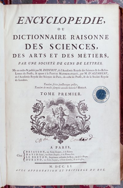 Tittelside til Encyclopedia av Denis Diderot (1713-84), utgitt i Paris i 1751 (se også 157777) av French School