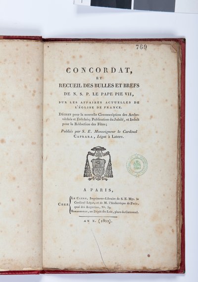 Tittelsiden til Concordat et Recueil des Bulles et Briefs de N.S.P. le Pape Pius VII, utgitt av Giovanni Battista Caprara, Paris, Chez Le Clers, 1802 (trykt papir) av French School