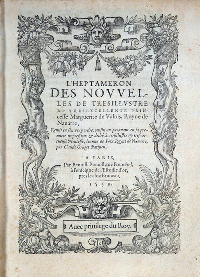 Tittelside til "" the Heptameron""": historier eller nyheter av Margarita av Navarre (Marguerite av Valois, Marguerite av Angouleme eller Marguerite av Frankrike (1492-1549) dronning av Navarra og poetinne av French School