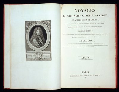 Tittelside og frontispice-portrett fra Voyages du Chevalier Chardin en Perse, 1811 av French School