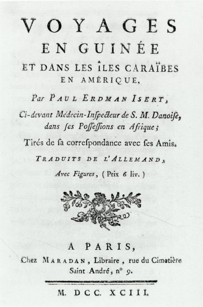 Tittelside for Travels in Guinea and the Caribbean Islands in America av Paul Erdman Isert, utgitt 1743 av French School