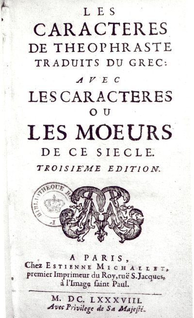 Tittelsiden til The Characters of Theophraste oversatt fra gresk, med Characters or the customs of this century av La Bruyere (1645-96) 1688 av French School