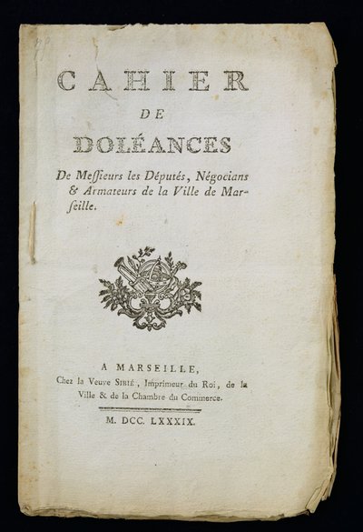Tittelside til boken med klager fra varamedlemmer, kjøpmenn og skipseiere i Marseille, 1789 av French School