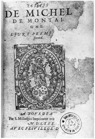 Tittelside for den første utgaven av Essais av Michel de Montaigne (1533-92) 1580 av French School