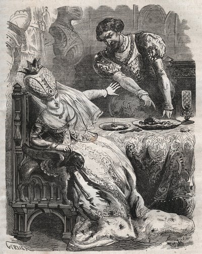 For å ta hevn for utroskapen til hans kone, Gabrielle de Vergy, får Eudes de Fayel ham til å spise uten hans viten hjertet til sin elsker, Raoul de Coucy. Scene av en legende fra 1100-tallet ifølge hvilken Raoul I de Coucy (etter 1142-1191) ba om at h av French School