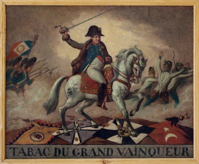 Til den store vinnertobakken. (rytterportrett av Napoleon Bonaparte (1769-1821), som leder troppene sine til kamp. På baksiden av lerretet et kvad: "" Suksessen til hans virksomheter,/Hans seire i hundre kamper,/Har ingen andre hemmeligheter/En ta av av French School