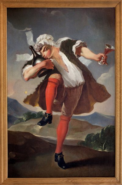 Til de tre ordener gjenforent. En mann som representerer presten, noblessen og den tredje staten holder et glass rødvin og kysser en flaske. Malt skilt av vinhandler. Anonymt maleri, revolusjonær periode av French School