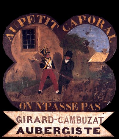 Tole inn skilt "" Til den lille korporalen""" 1850 ca med Napoleon I. Island of Aix, Napoleonian Museum av French School